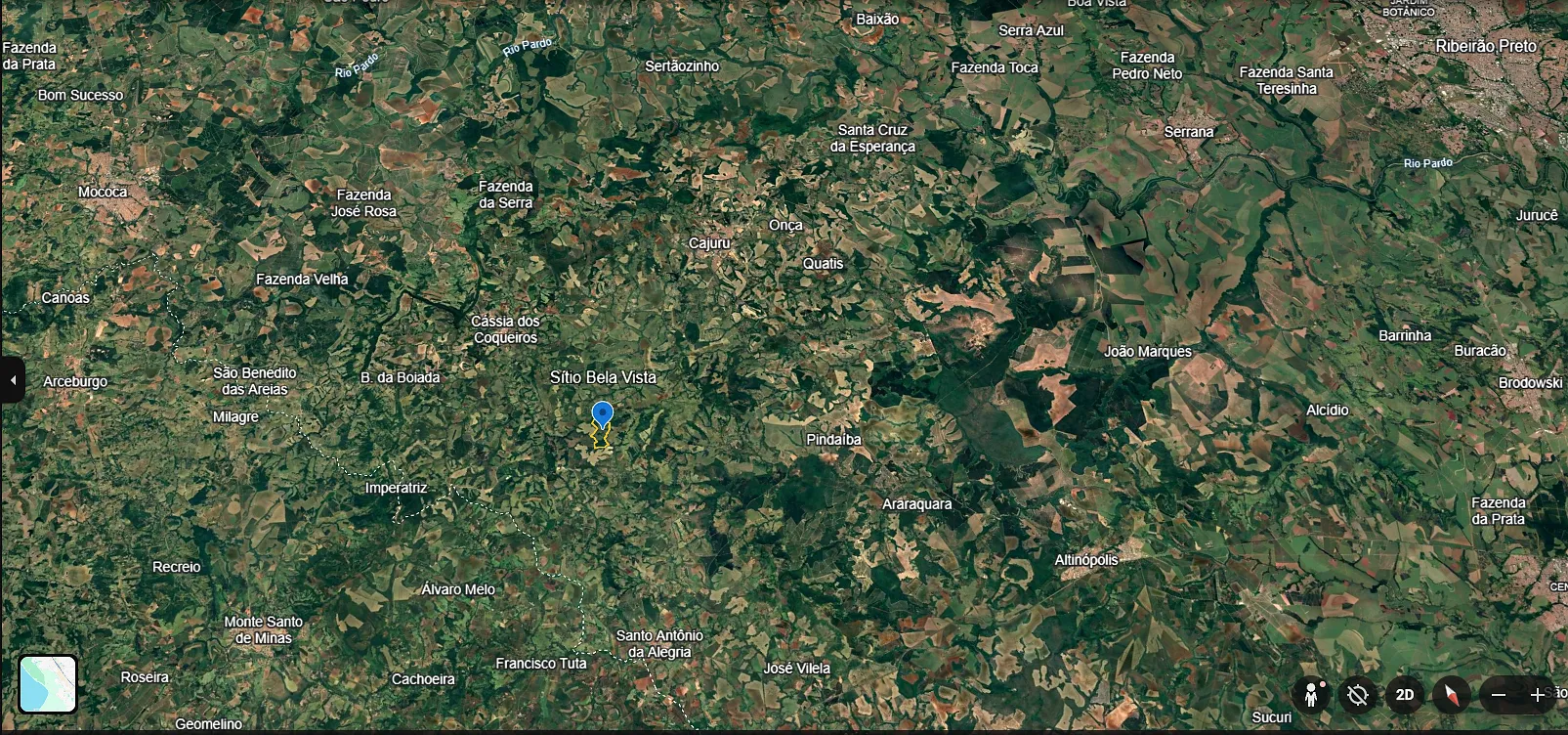 Mapa regional com a localização do Sítio Bela Vista entre Cássia dos Coqueiros, Santo Antônio da Alegria e Cajuru
